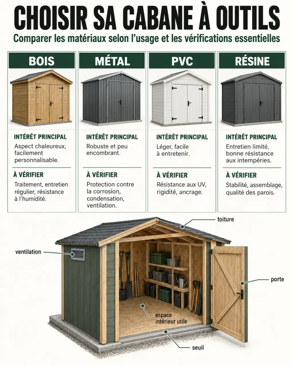 Infographie comparative pour choisir une cabane à outils de jardin selon le matériau