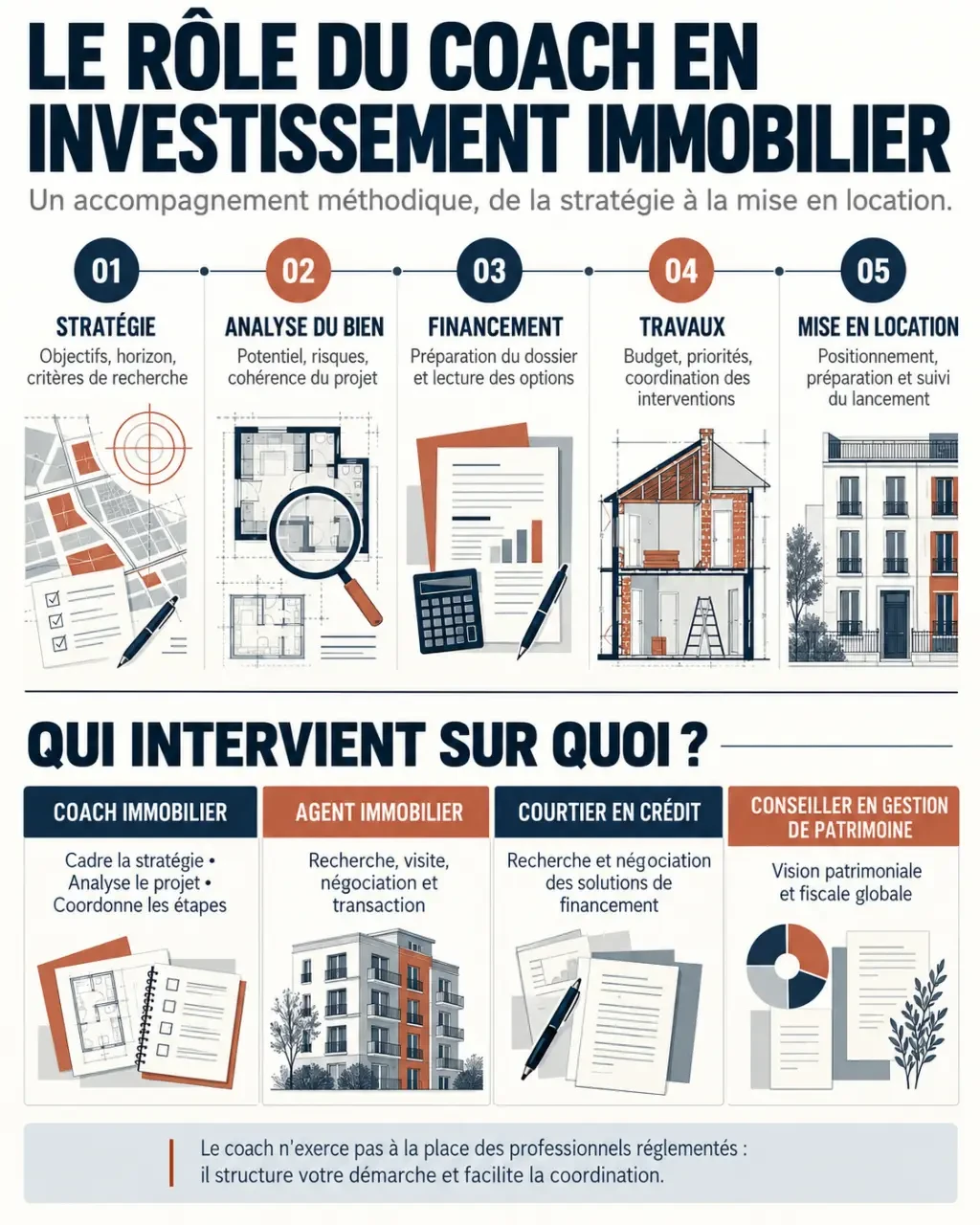 Infographie sur le rôle d’un coach investissement immobilier et les étapes d’un projet locatif