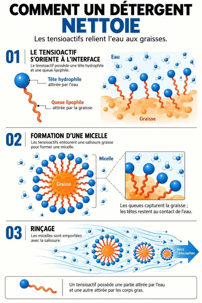 Schéma du detergant montrant les tensioactifs, les micelles et l’évacuation des graisses par rinçage