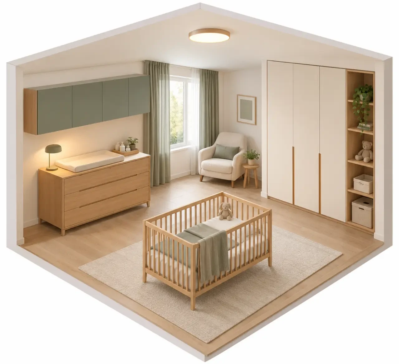 Décoration chambre bebe dans une petite pièce avec rangements pratiques et éclairage doux