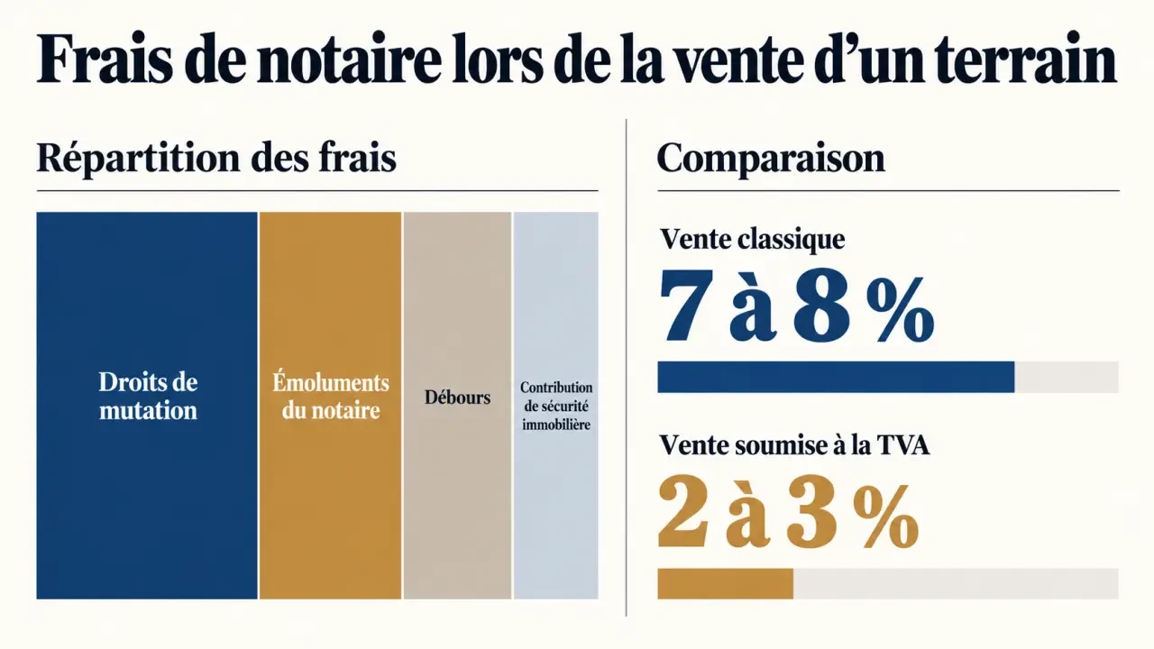 Infographie sur les frais de notaire pour la vente d'un terrain et leur répartition