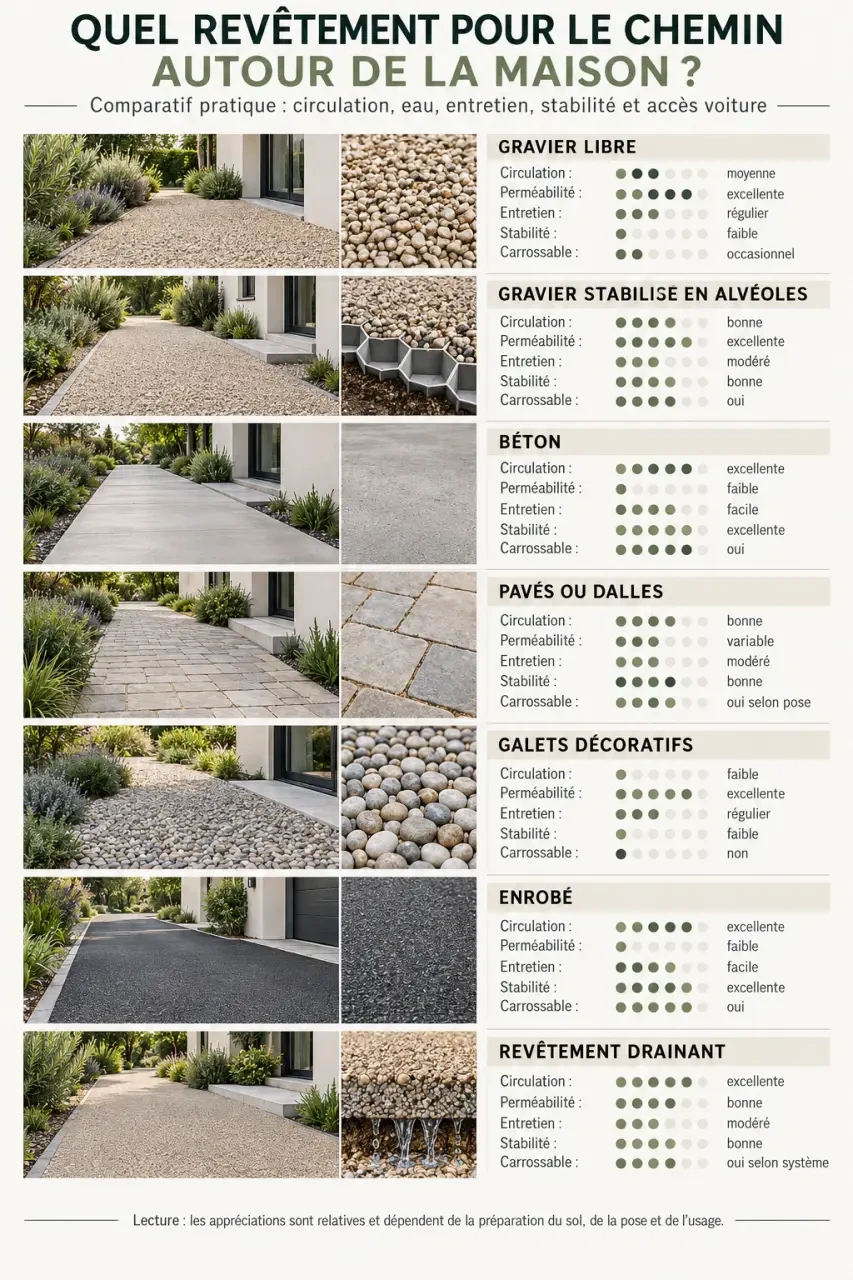 Infographie comparative des revêtements pour un chemin autour de la maison