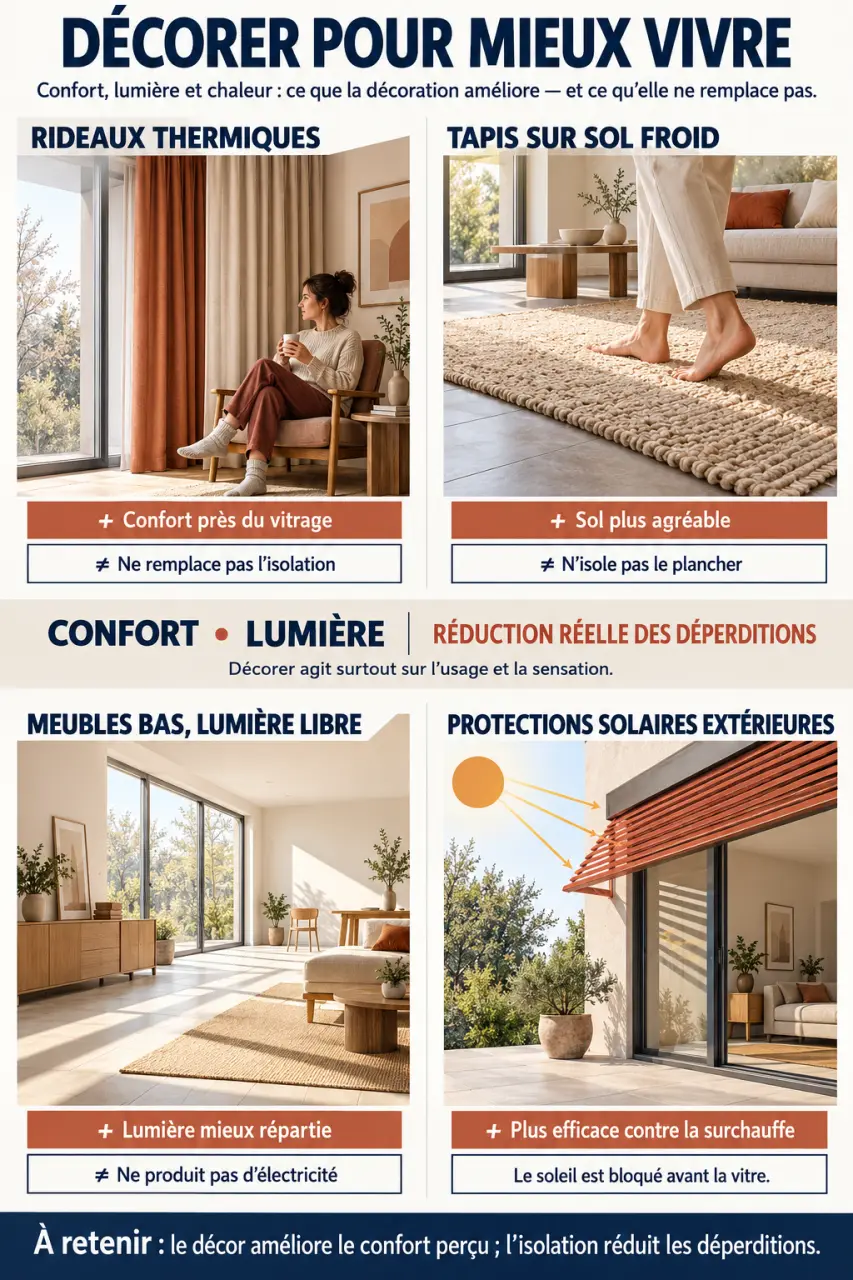 Infographie pour optimiser la performance énergétique de son logement par la décoration avec rideaux, tapis, lumière et protections solaires