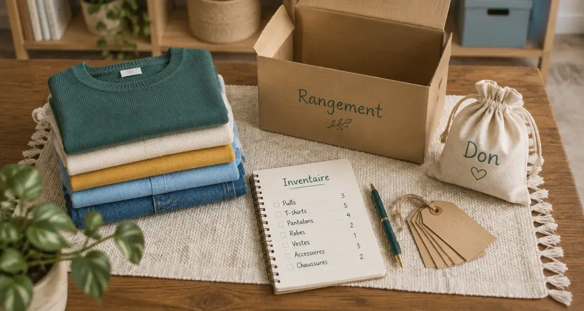 Minimalisme mode de vie : pile de vêtements et boîte de rangement