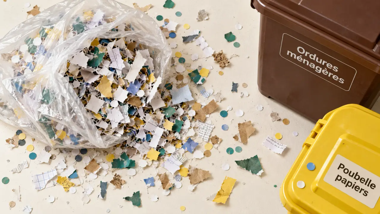 Papier broyé dans la poubelle jaune, fragments de papier