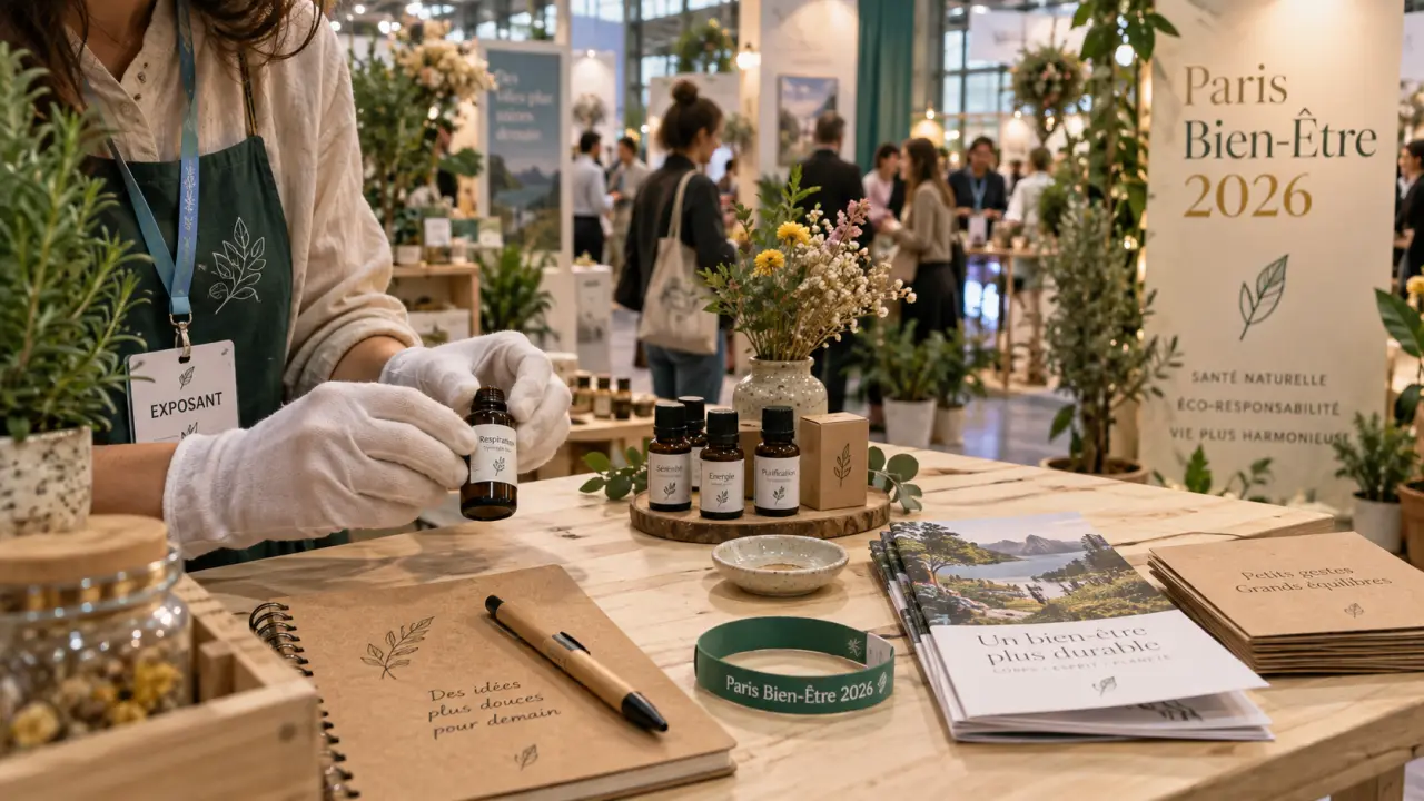 Salon médecine douce 2026 à Paris, table d’accueil bien-être et échantillons huiles essentielles